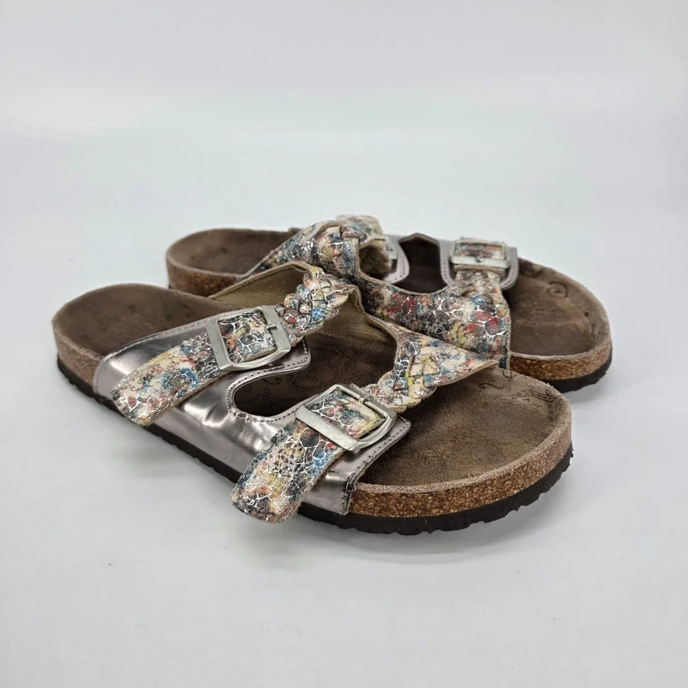 Muk Luks Slide Sandals Silver Multicolor Braided Metallic Cork Slip on Boho sz 9